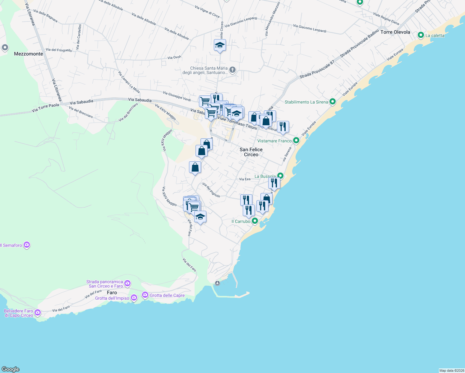 map of restaurants, bars, coffee shops, grocery stores, and more near 13 Via Eea in San Felice Circeo
