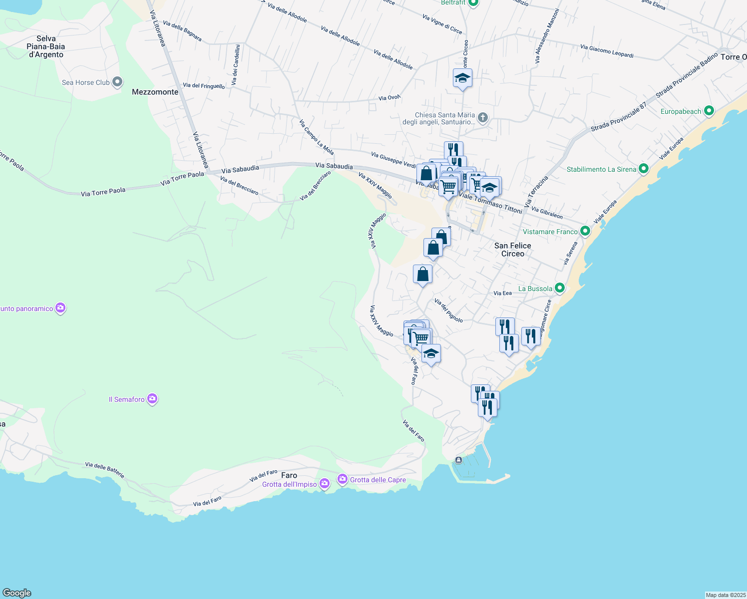 map of restaurants, bars, coffee shops, grocery stores, and more near 48/2 Via XXIV Maggio in San Felice Circeo