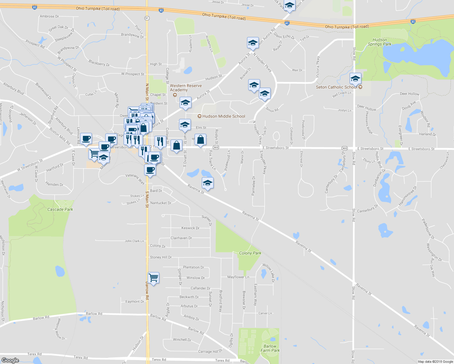 map of restaurants, bars, coffee shops, grocery stores, and more near 79 Fox Trace Lane in Hudson