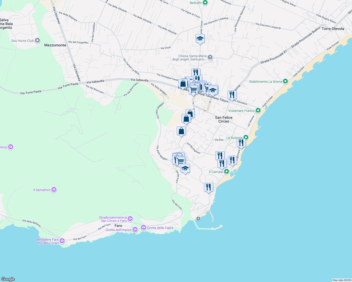 map of restaurants, bars, coffee shops, grocery stores, and more near 61 Via della Valle in San Felice Circeo