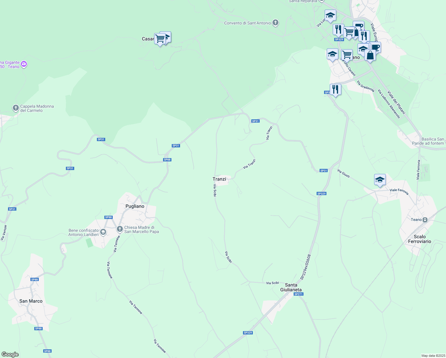 map of restaurants, bars, coffee shops, grocery stores, and more near 34 Via Tranzi in Tranzi