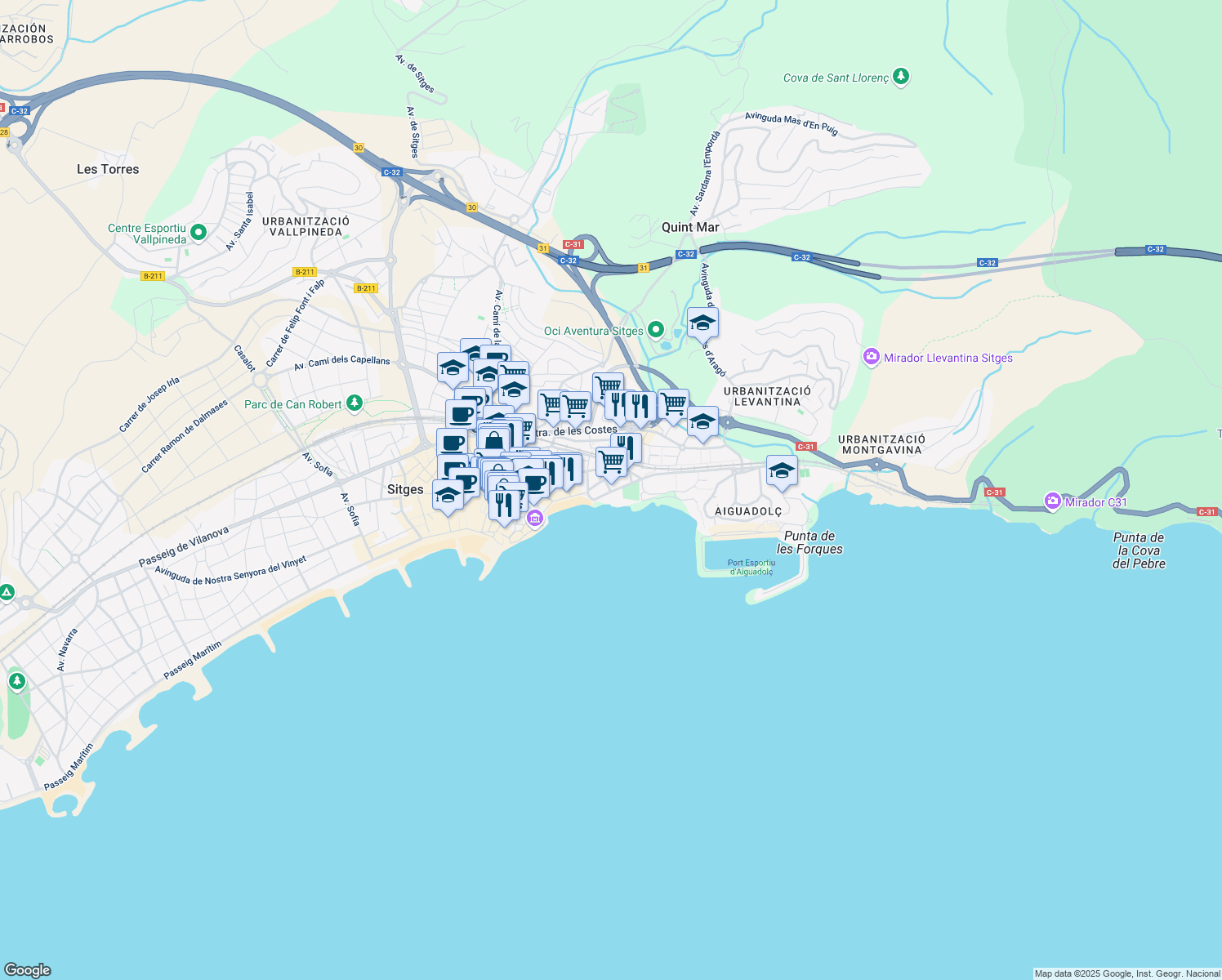 map of restaurants, bars, coffee shops, grocery stores, and more near 15 Avinguda Balmins in Sitges