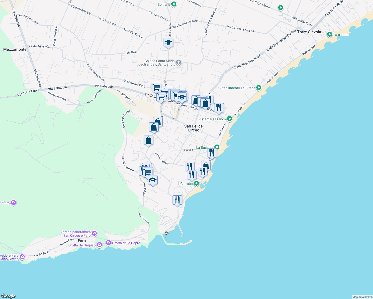map of restaurants, bars, coffee shops, grocery stores, and more near 13 Via Eea in San Felice Circeo