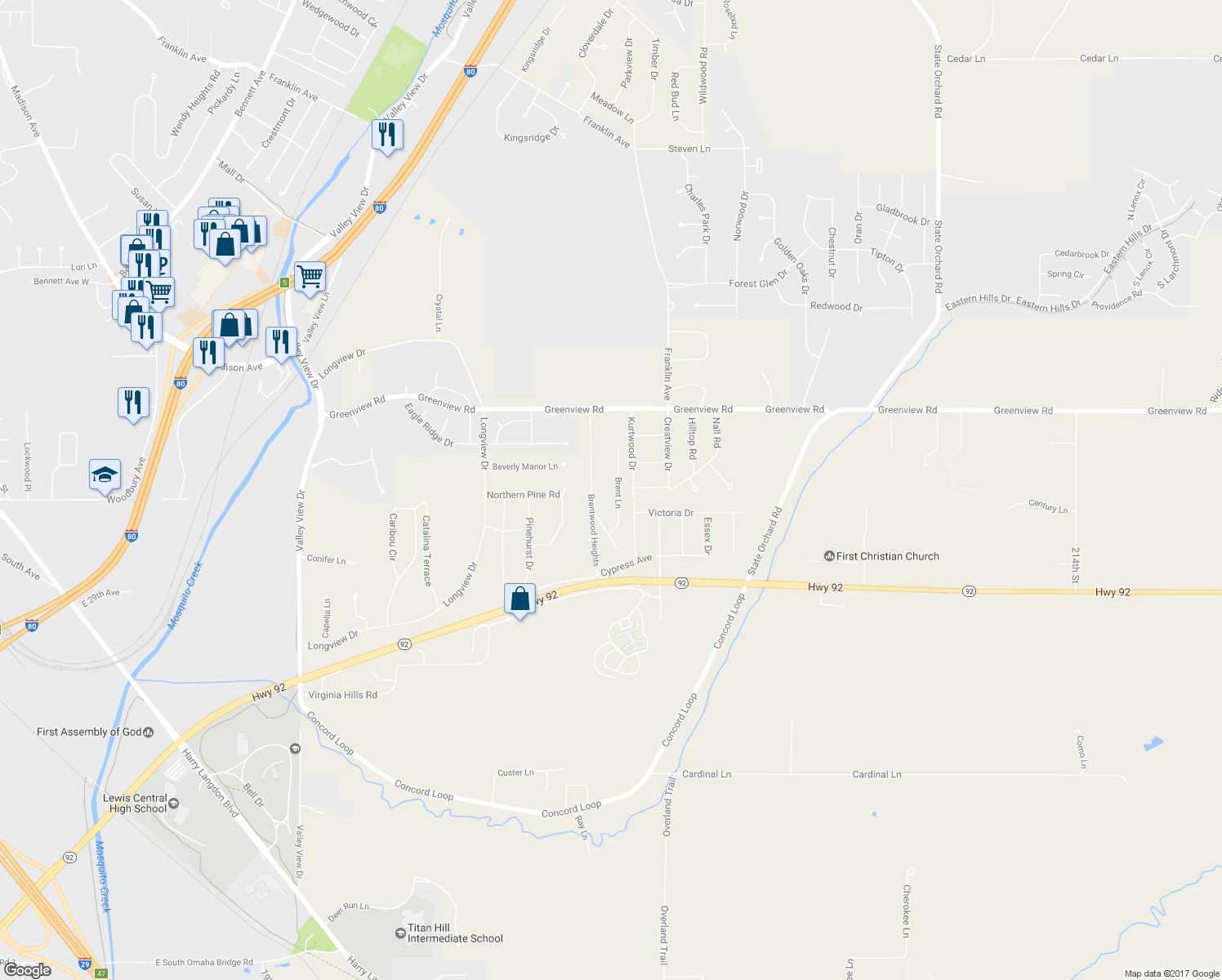 map of restaurants, bars, coffee shops, grocery stores, and more near 210 Brent Lane in Council Bluffs