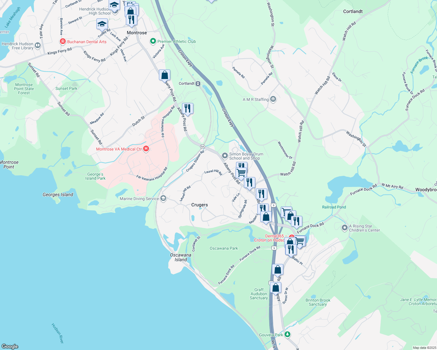 map of restaurants, bars, coffee shops, grocery stores, and more near 93 Laurel Hill Road in Croton-on-Hudson