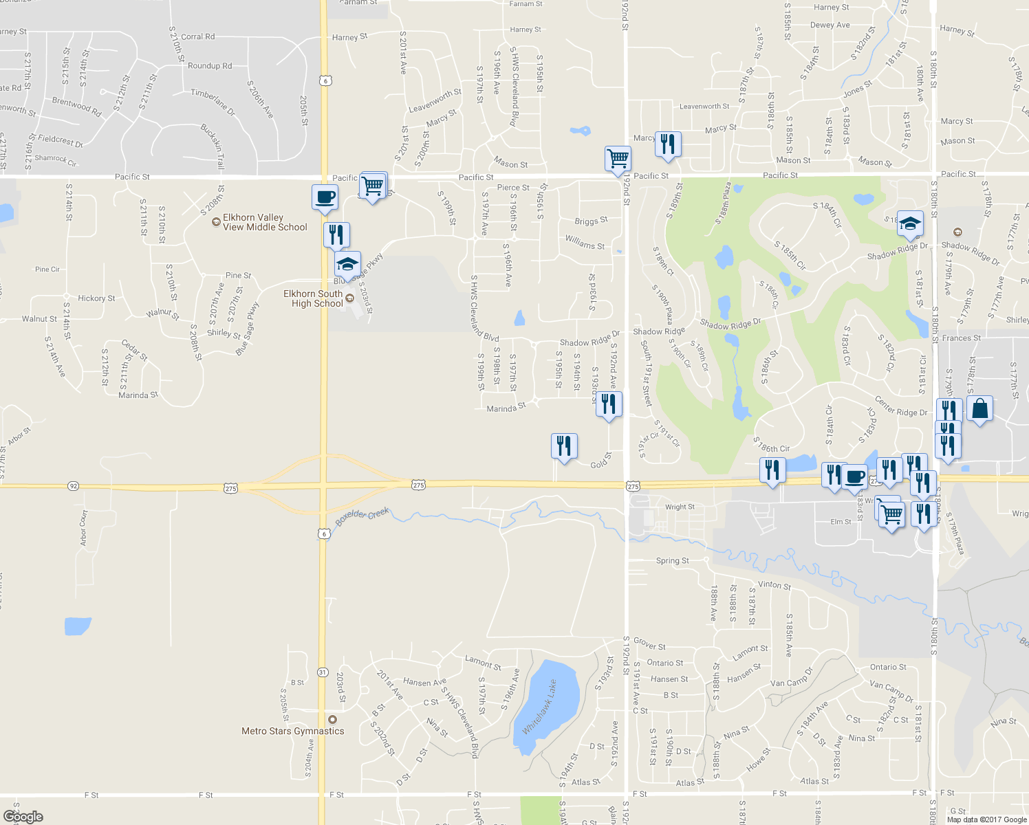 map of restaurants, bars, coffee shops, grocery stores, and more near 19707 Marinda Street in Omaha