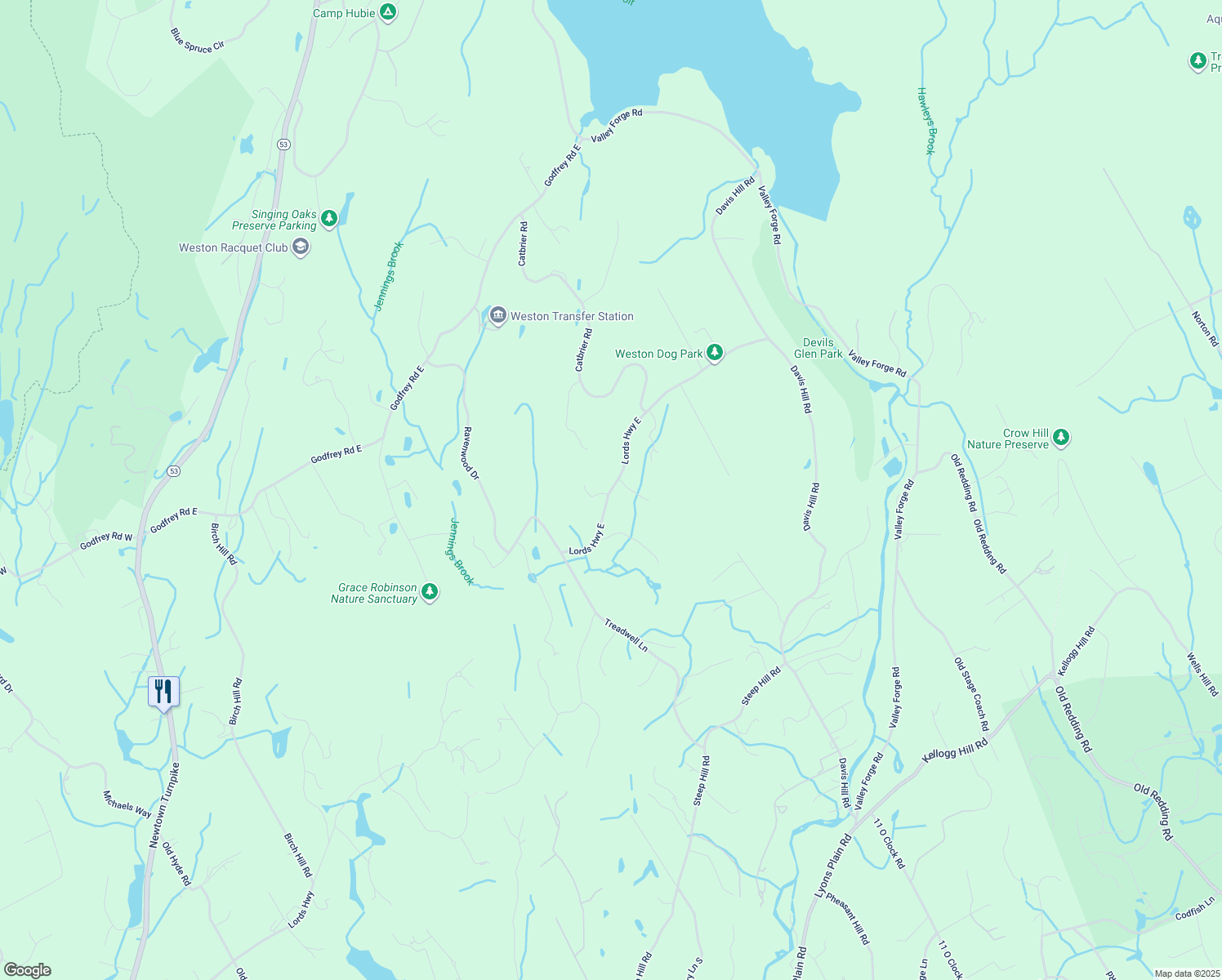 map of restaurants, bars, coffee shops, grocery stores, and more near 84 Lords Highway East in Weston