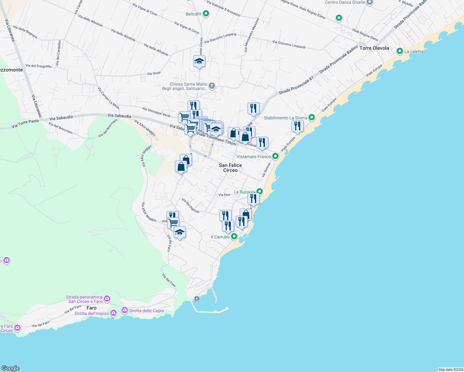 map of restaurants, bars, coffee shops, grocery stores, and more near Via degli Argonauti in San Felice Circeo