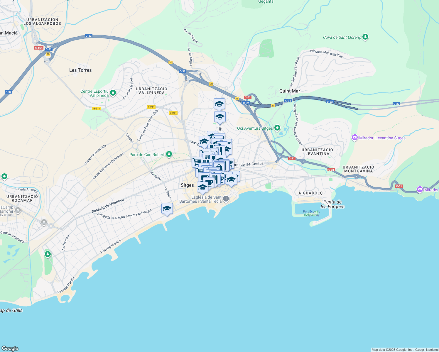 map of restaurants, bars, coffee shops, grocery stores, and more near 4 Carrer de Francesc Gumà in Sitges