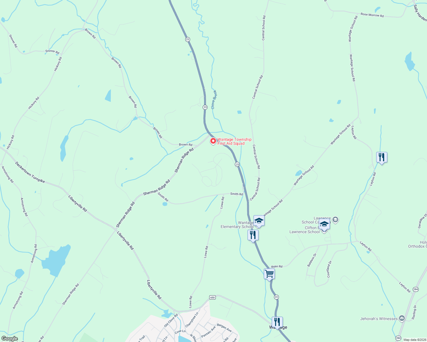 map of restaurants, bars, coffee shops, grocery stores, and more near 15 Fairchild Lane in Wantage