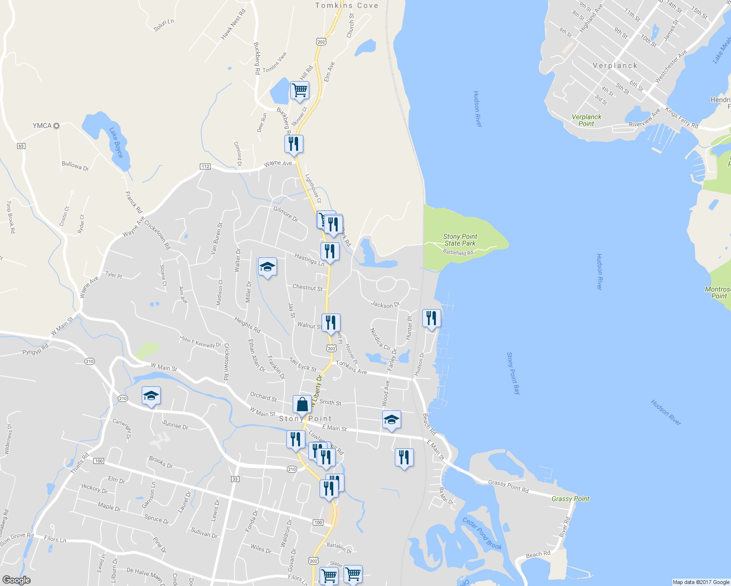 map of restaurants, bars, coffee shops, grocery stores, and more near 11 Jackson Drive in Stony Point