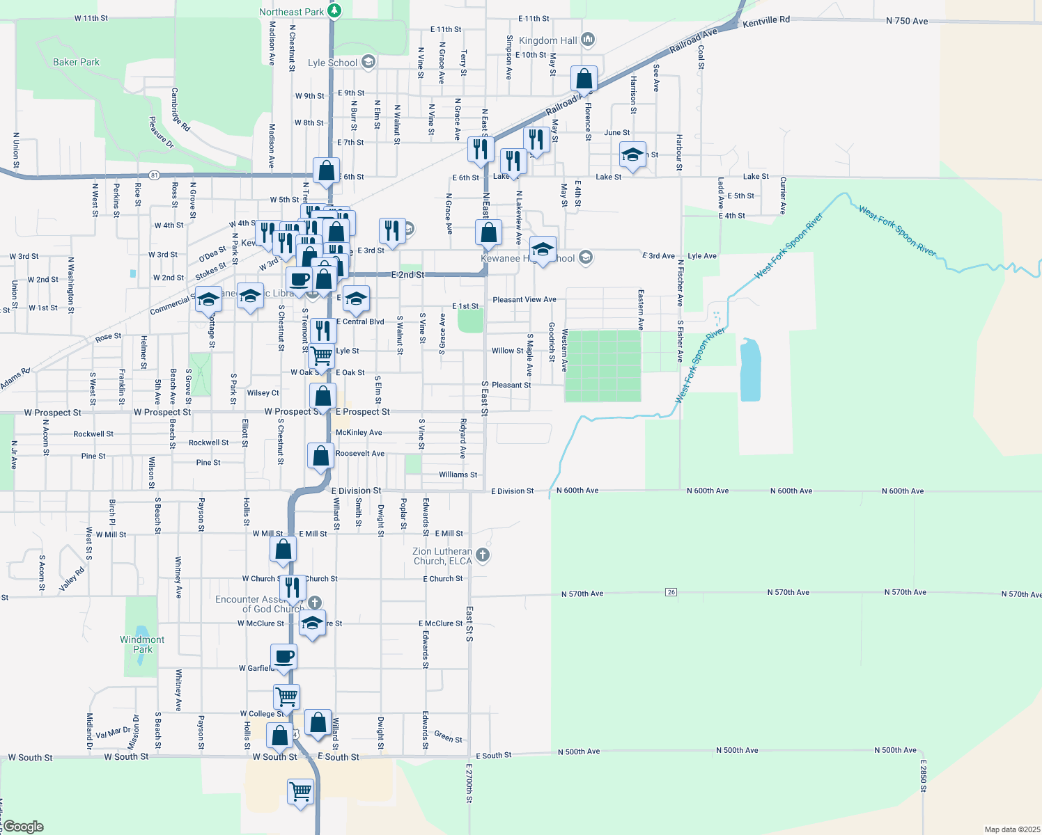 map of restaurants, bars, coffee shops, grocery stores, and more near 5 Edgewood Dr in Kewanee