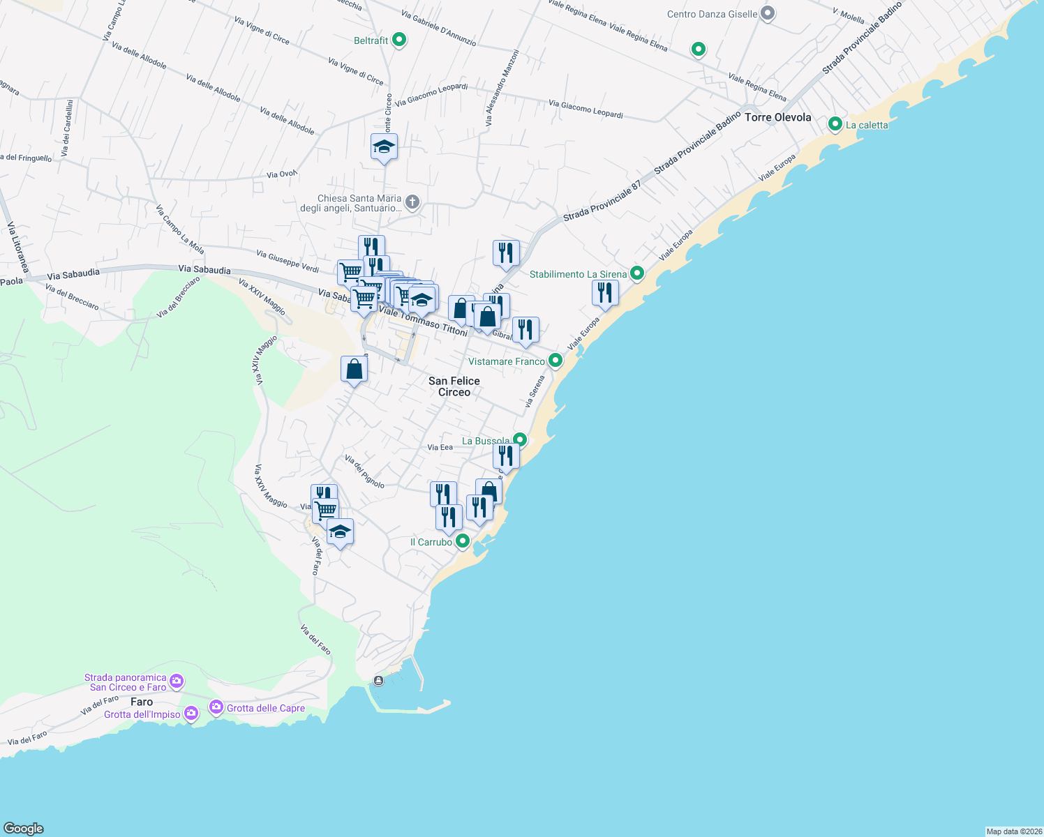 map of restaurants, bars, coffee shops, grocery stores, and more near 88 Via Poniatowskj in San Felice Circeo