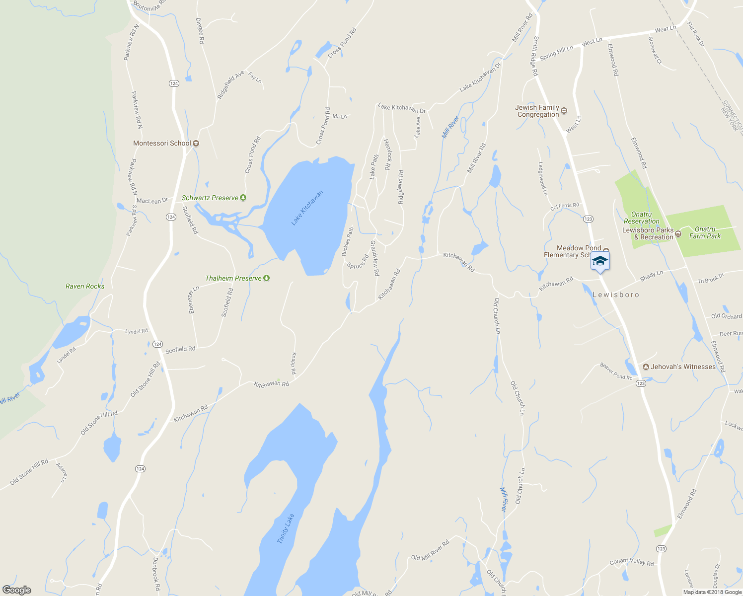 map of restaurants, bars, coffee shops, grocery stores, and more near 150 Kitchawan Road in Pound Ridge