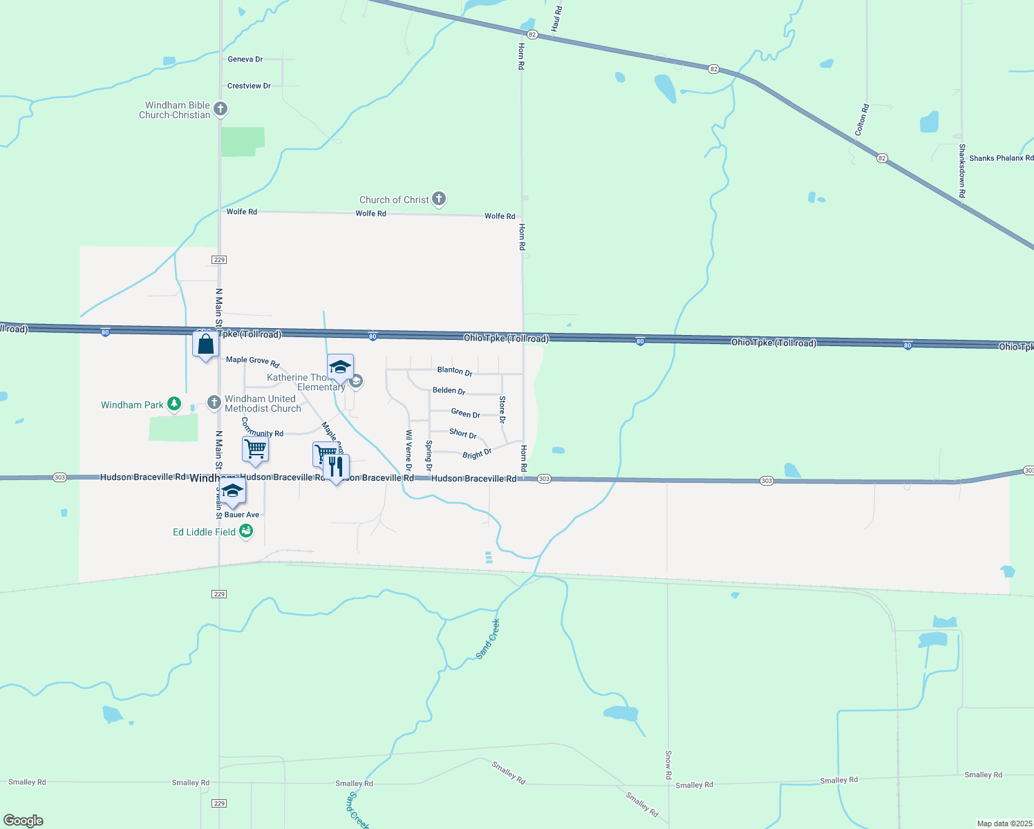 map of restaurants, bars, coffee shops, grocery stores, and more near 9043 Horn Rd in Windham