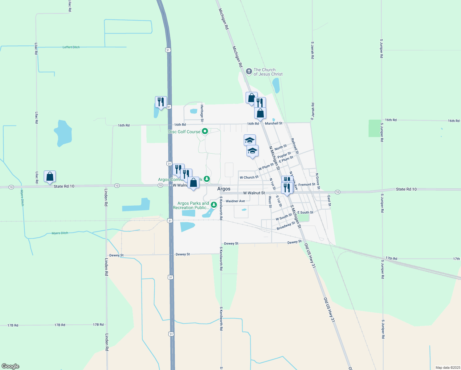 map of restaurants, bars, coffee shops, grocery stores, and more near 441 Indiana Ave in Argos