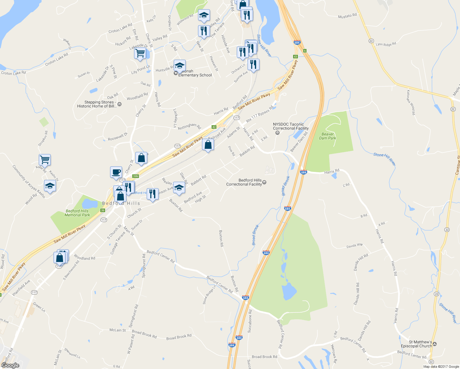 map of restaurants, bars, coffee shops, grocery stores, and more near 33 Rome Avenue in Bedford Hills