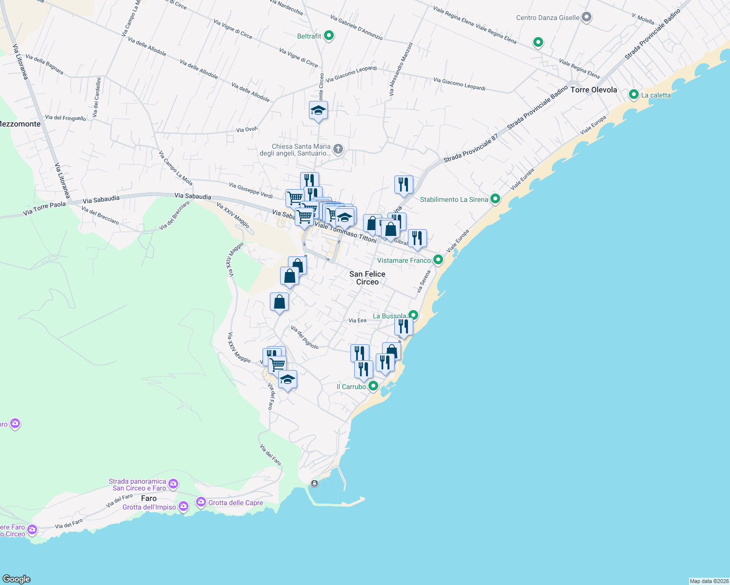 map of restaurants, bars, coffee shops, grocery stores, and more near Via degli Argonauti in San Felice Circeo