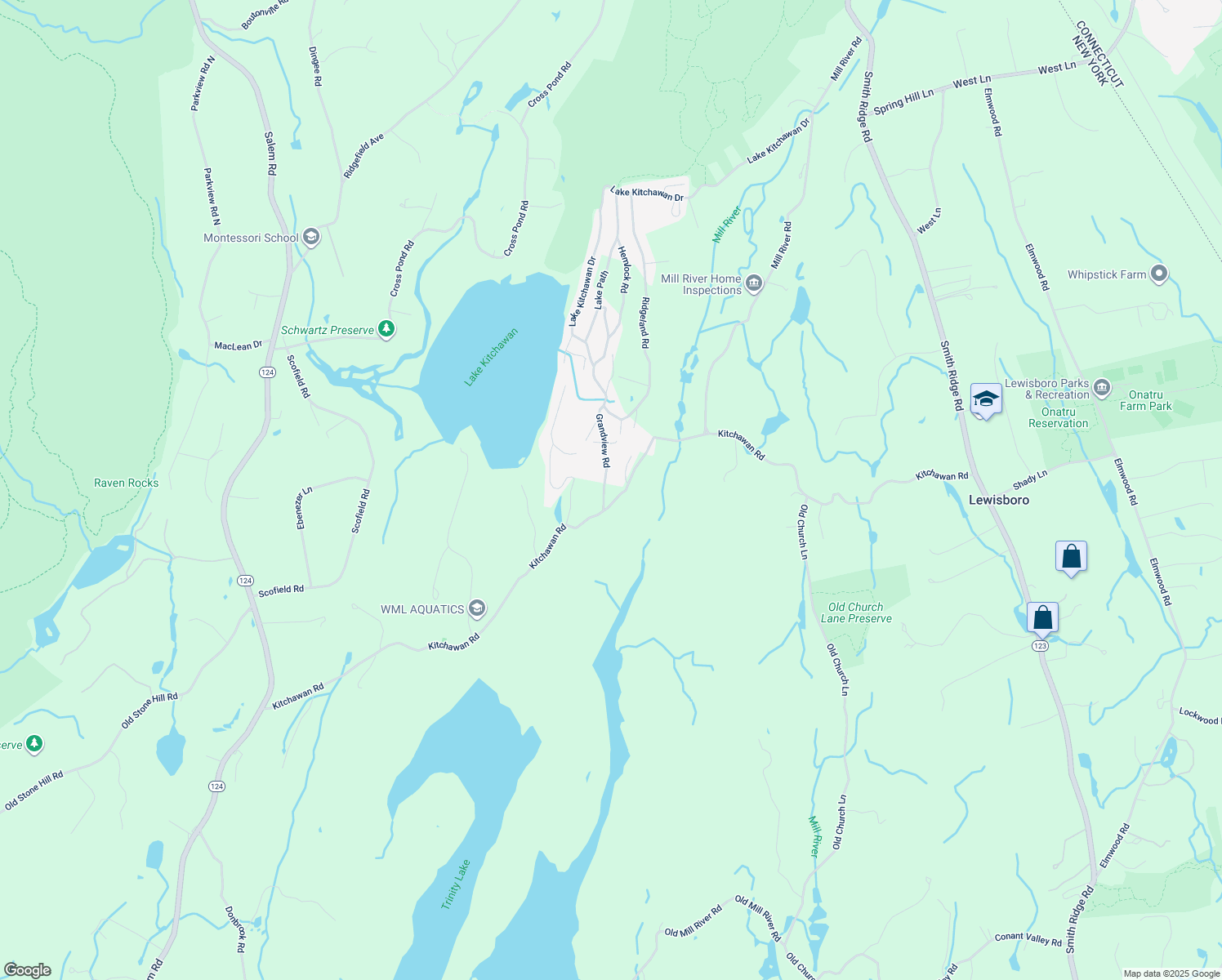 map of restaurants, bars, coffee shops, grocery stores, and more near 150 Kitchawan Road in Pound Ridge