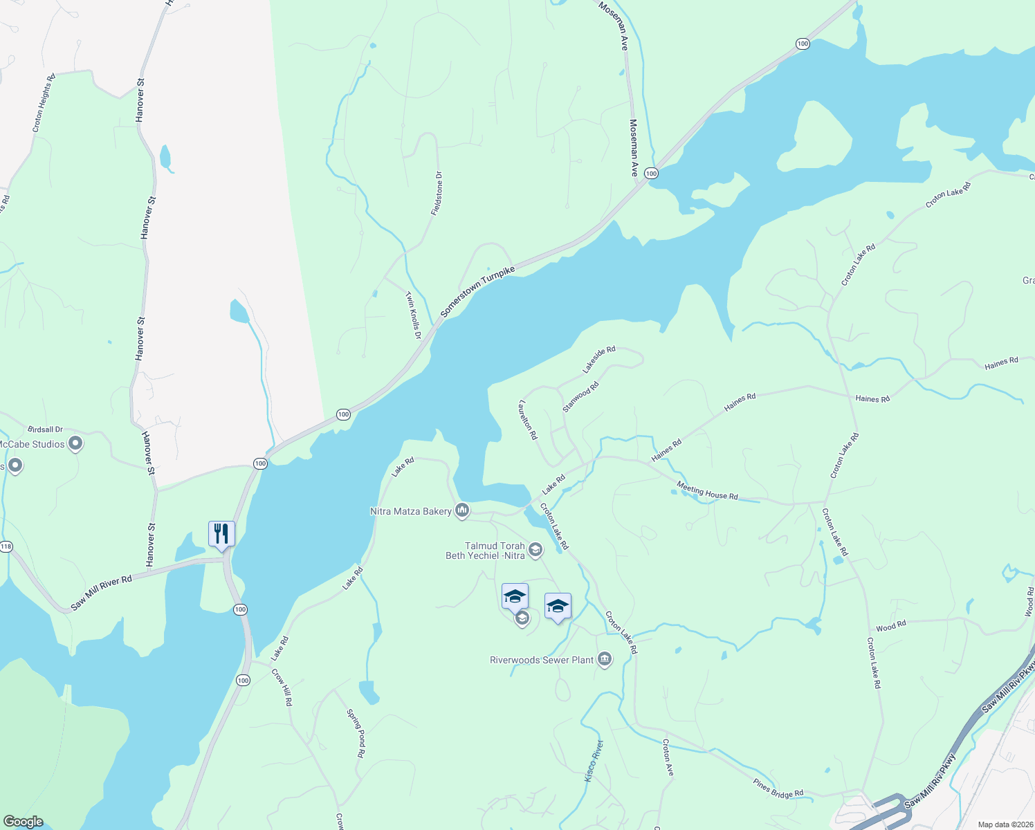 map of restaurants, bars, coffee shops, grocery stores, and more near 51 Laurelton Road in Mount Kisco