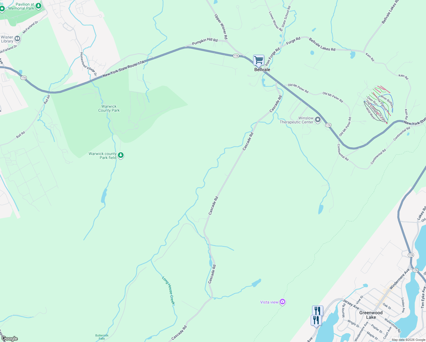 map of restaurants, bars, coffee shops, grocery stores, and more near 54 Cascade Road in Warwick