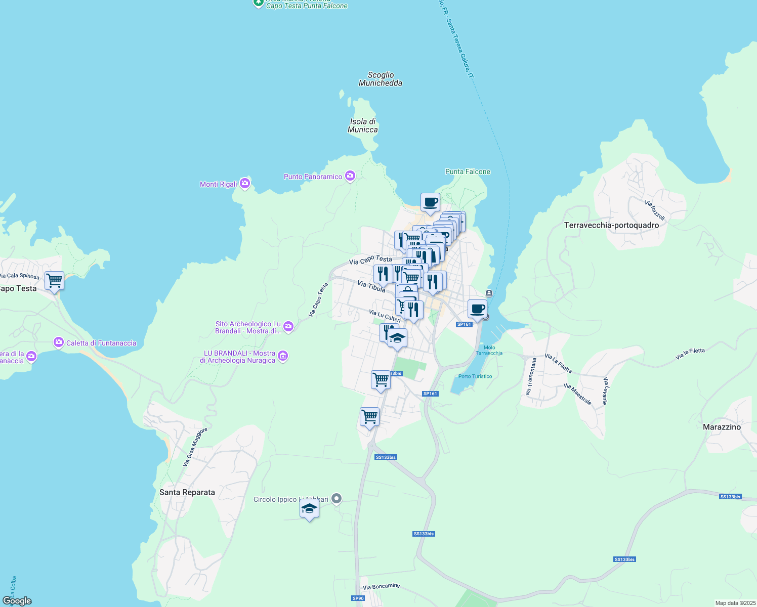 map of restaurants, bars, coffee shops, grocery stores, and more near 7 Via Tibula in Santa Teresa Gallura