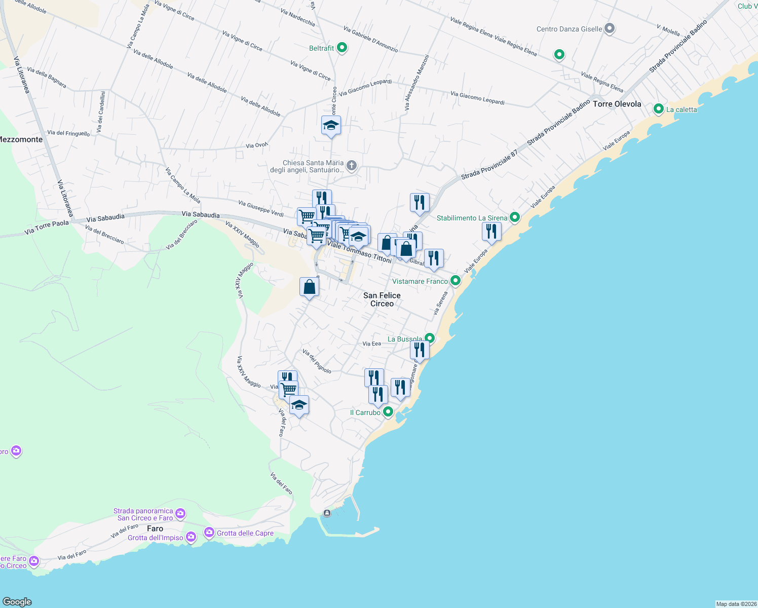 map of restaurants, bars, coffee shops, grocery stores, and more near 101 Via Poniatowskj in San Felice Circeo