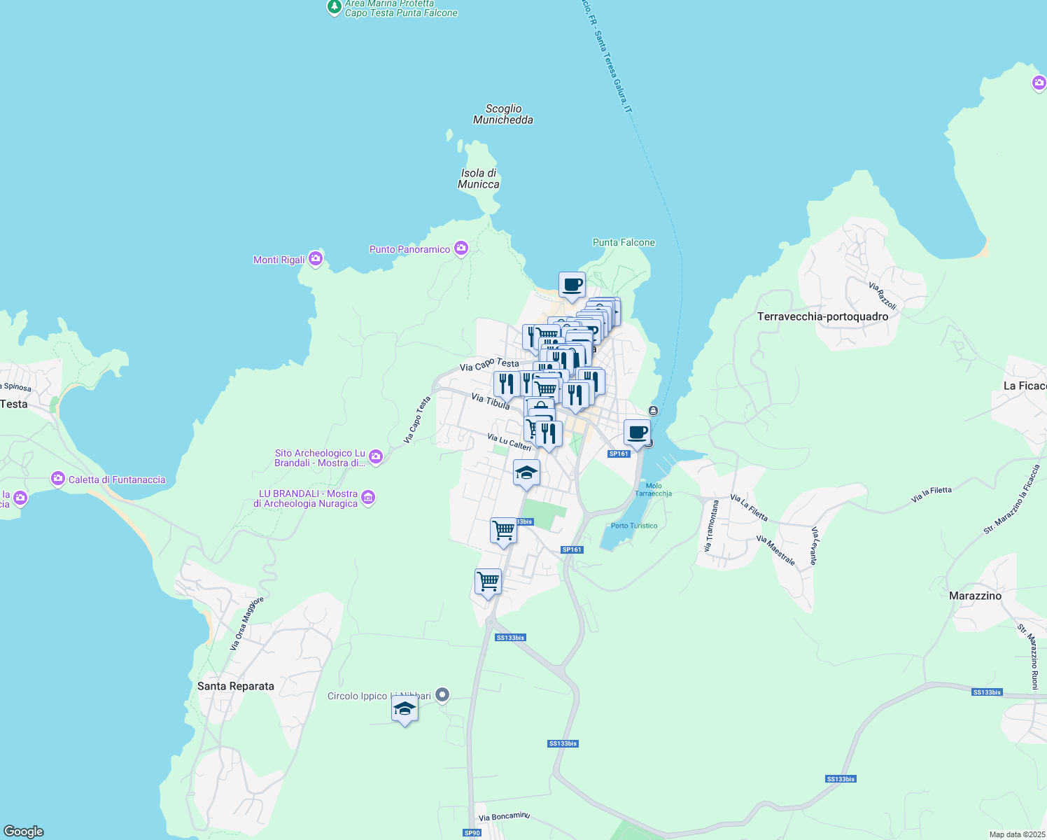 map of restaurants, bars, coffee shops, grocery stores, and more near 7 Via Tibula in Santa Teresa Gallura