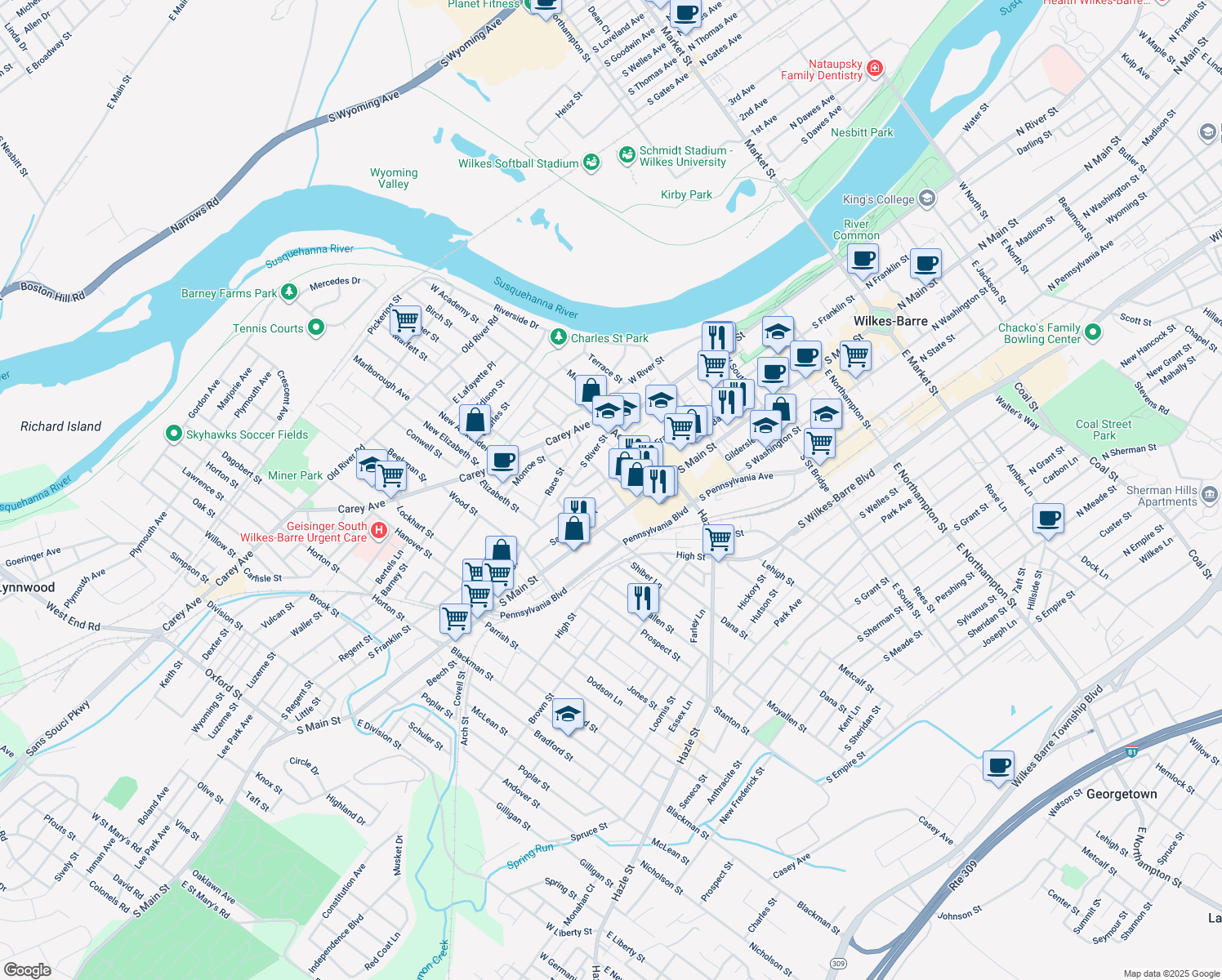 map of restaurants, bars, coffee shops, grocery stores, and more near 32 Sullivan Street in Wilkes-Barre