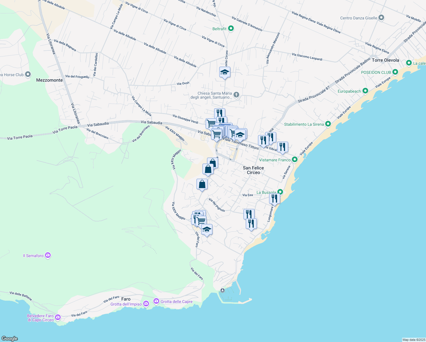 map of restaurants, bars, coffee shops, grocery stores, and more near 11 Via Tresilene in San Felice Circeo