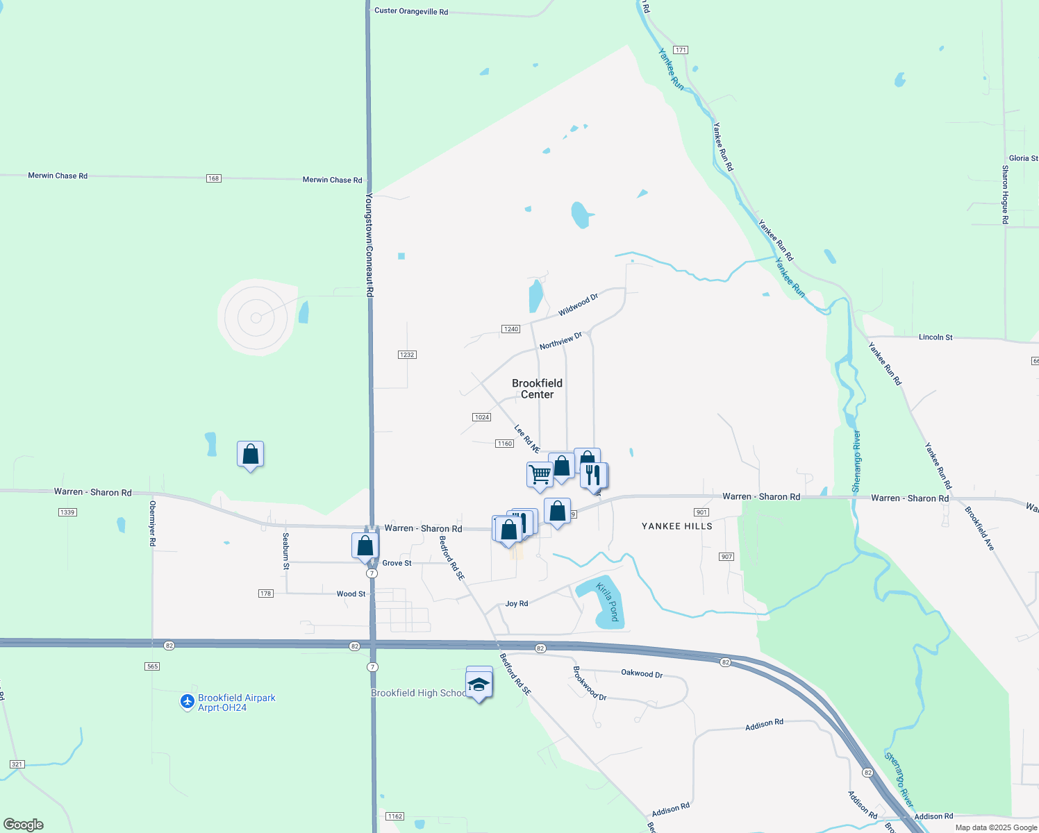 map of restaurants, bars, coffee shops, grocery stores, and more near 7185 Lee Road Northeast in Brookfield Center