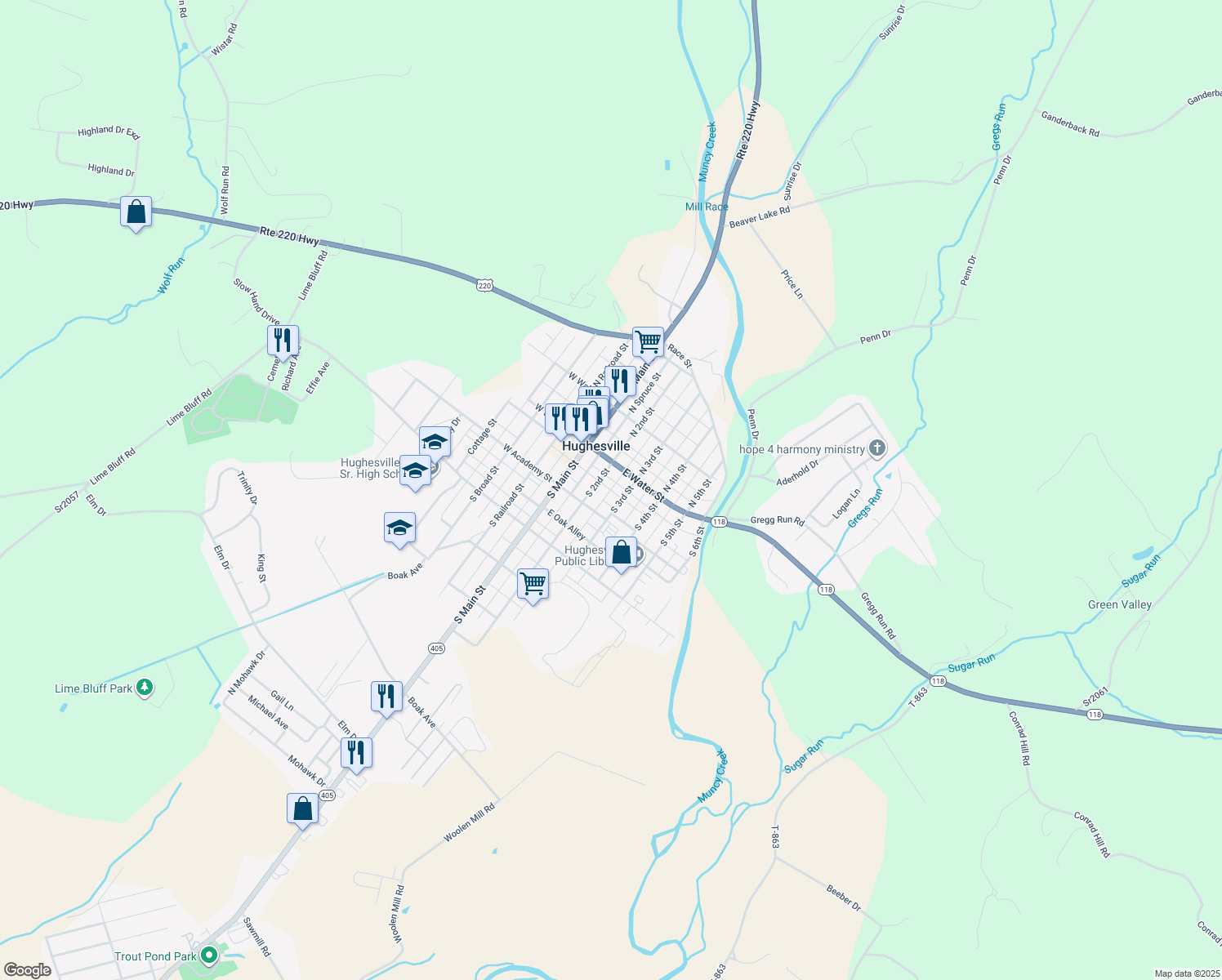 map of restaurants, bars, coffee shops, grocery stores, and more near E Ward Line Alley in Hughesville