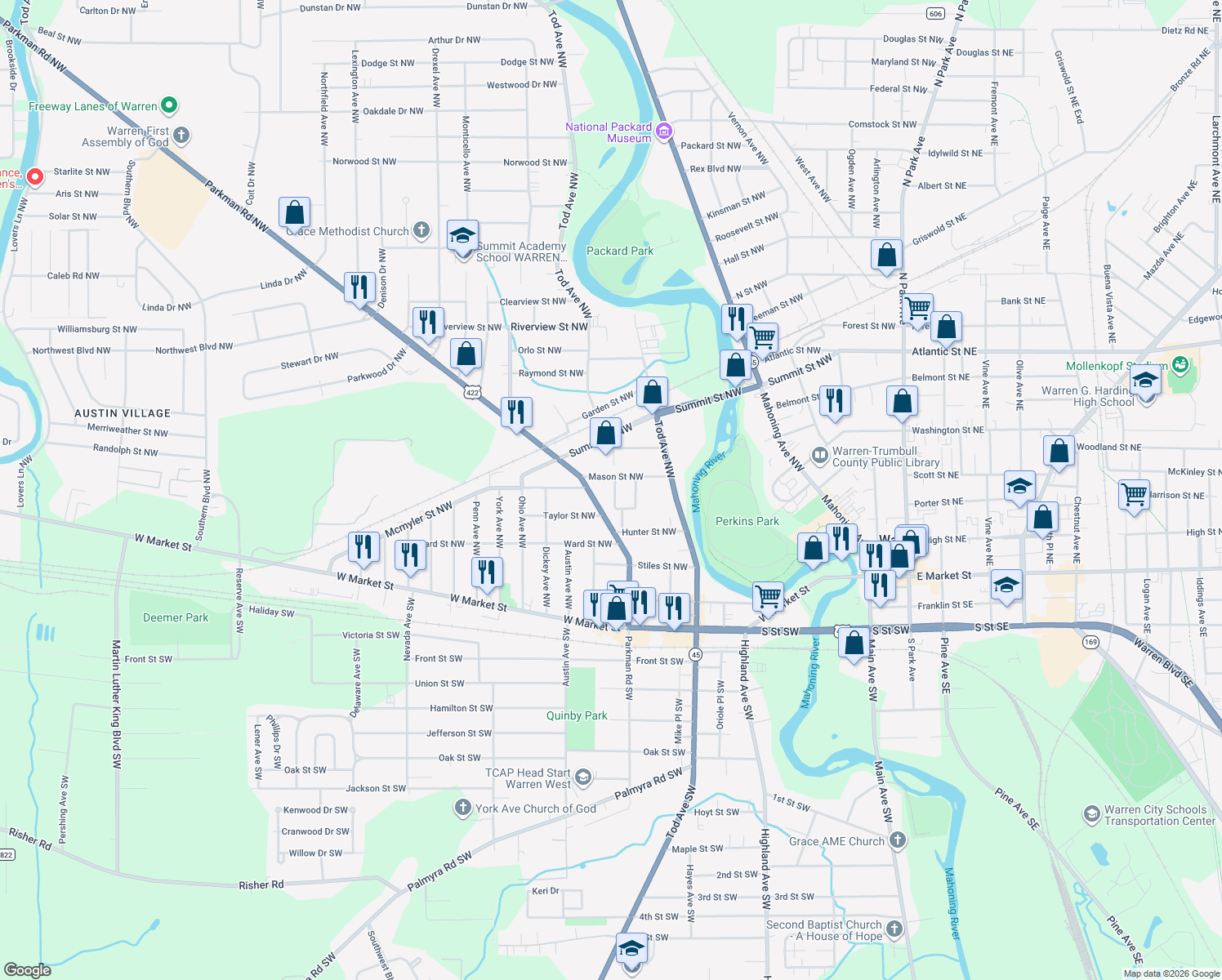 map of restaurants, bars, coffee shops, grocery stores, and more near 718 Hillsdale Dr NW in Warren