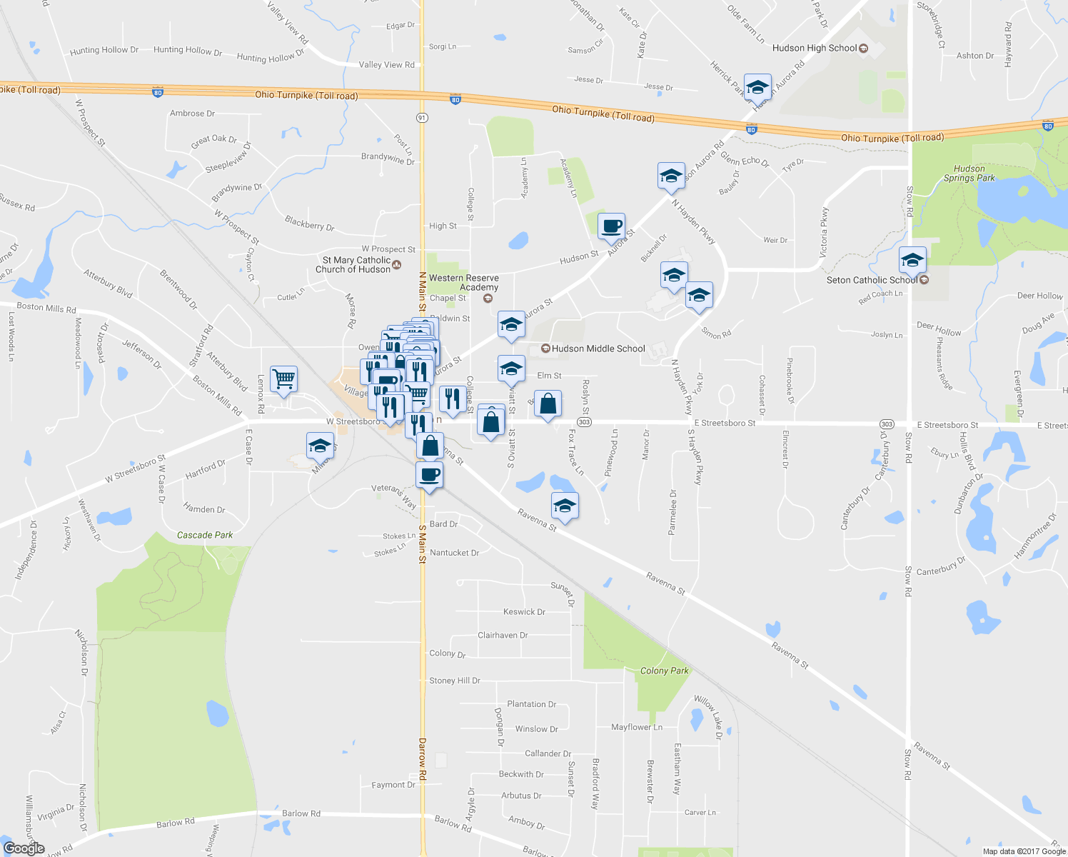 map of restaurants, bars, coffee shops, grocery stores, and more near 126 East Streetsboro Street in Hudson