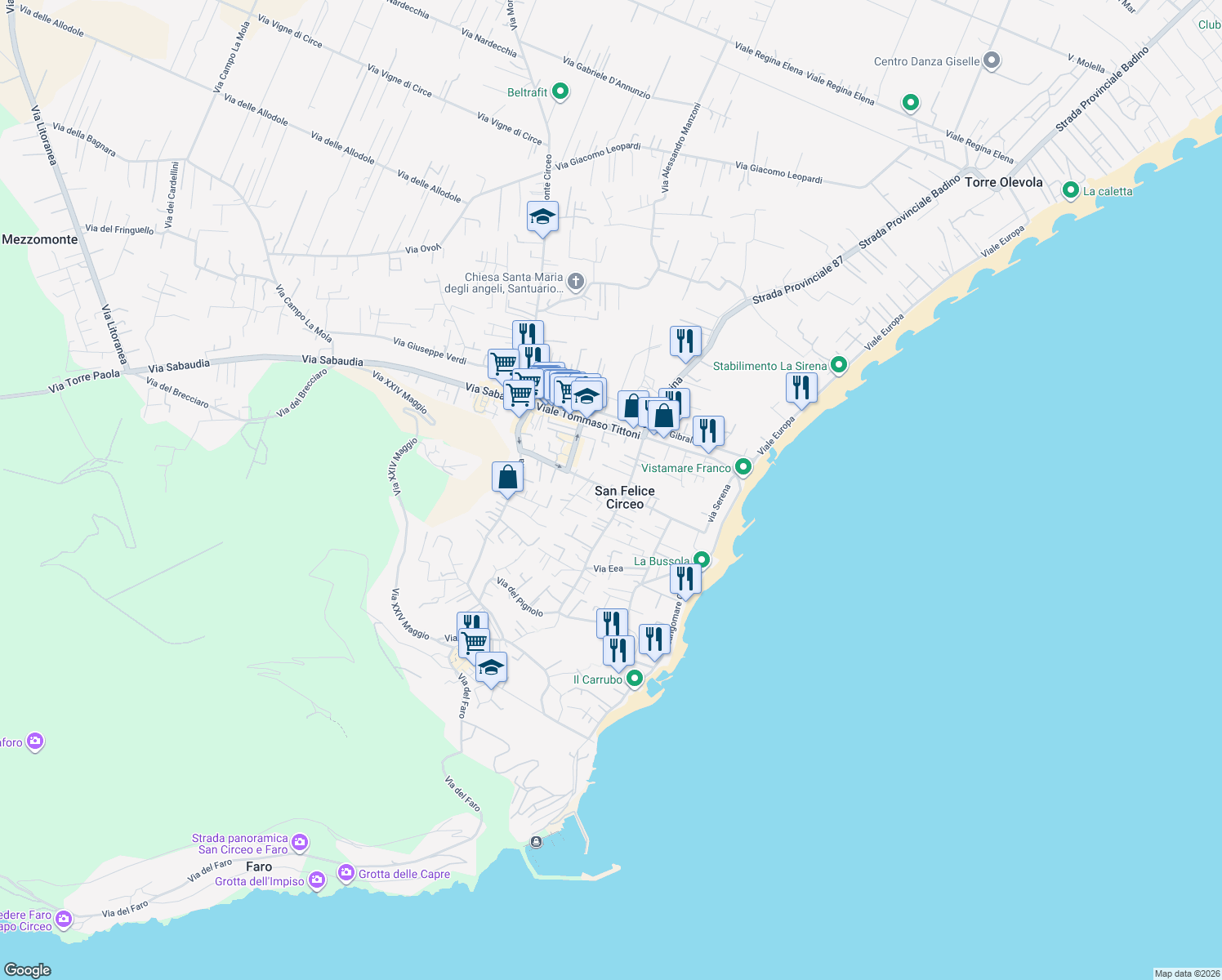 map of restaurants, bars, coffee shops, grocery stores, and more near 101 Via Poniatowskj in San Felice Circeo