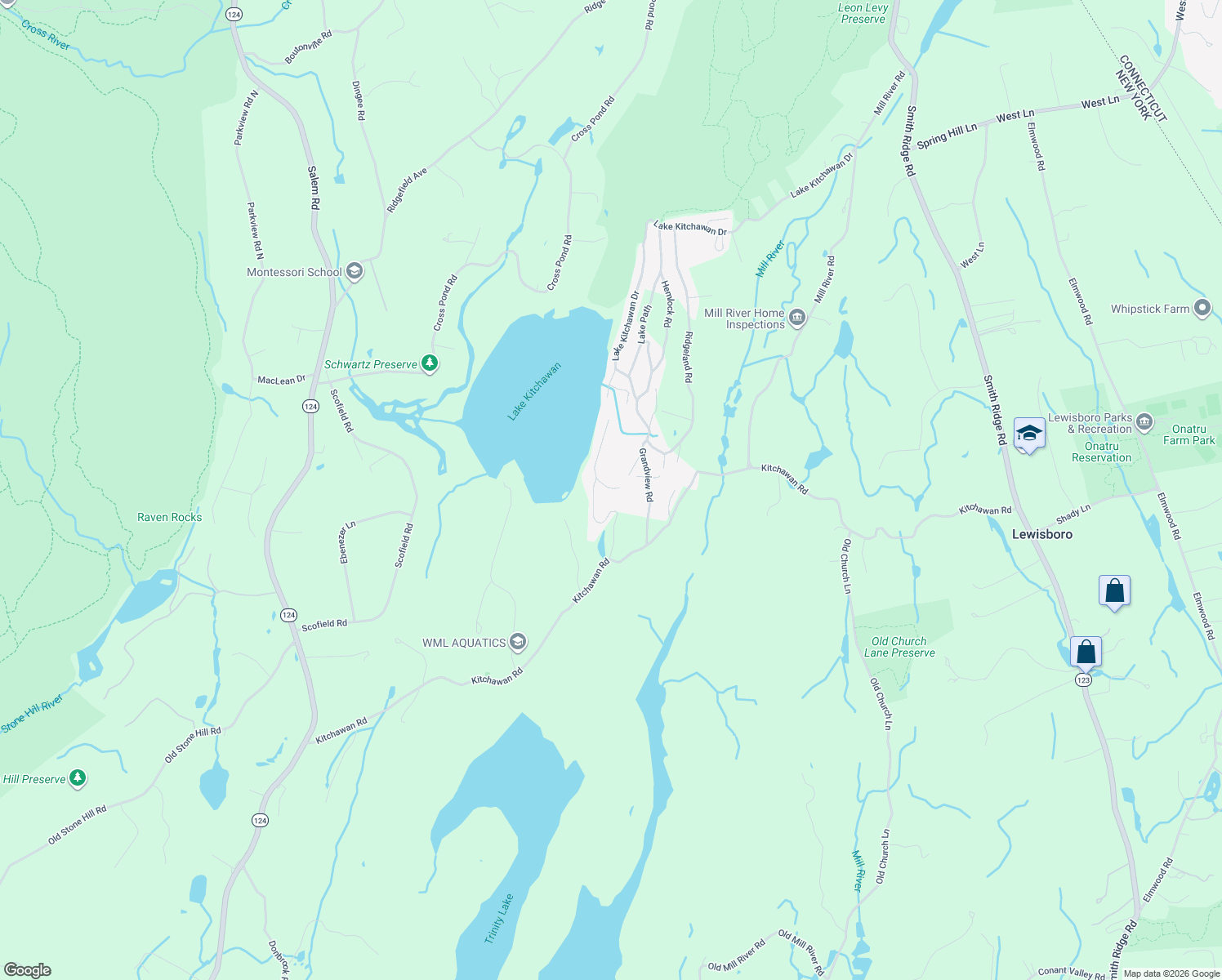 map of restaurants, bars, coffee shops, grocery stores, and more near 9 Bishop Park Road in Pound Ridge