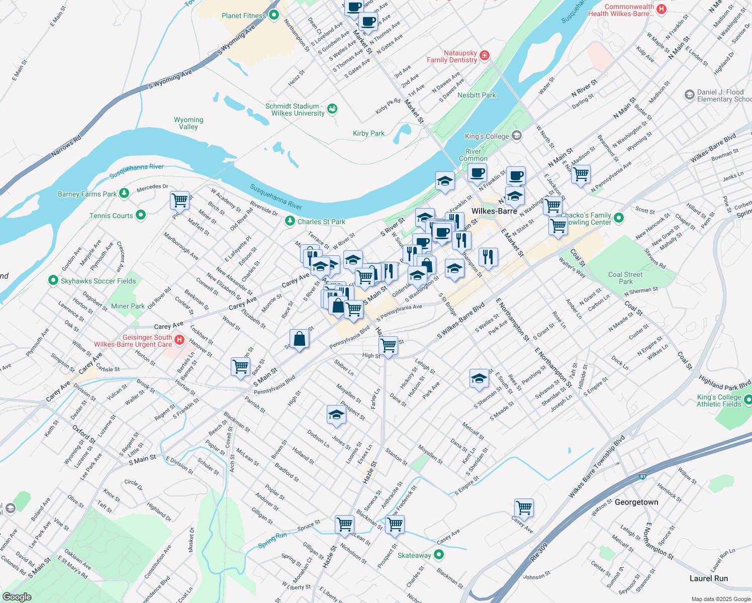 map of restaurants, bars, coffee shops, grocery stores, and more near 1551 East End Boulevard in Wilkes-Barre