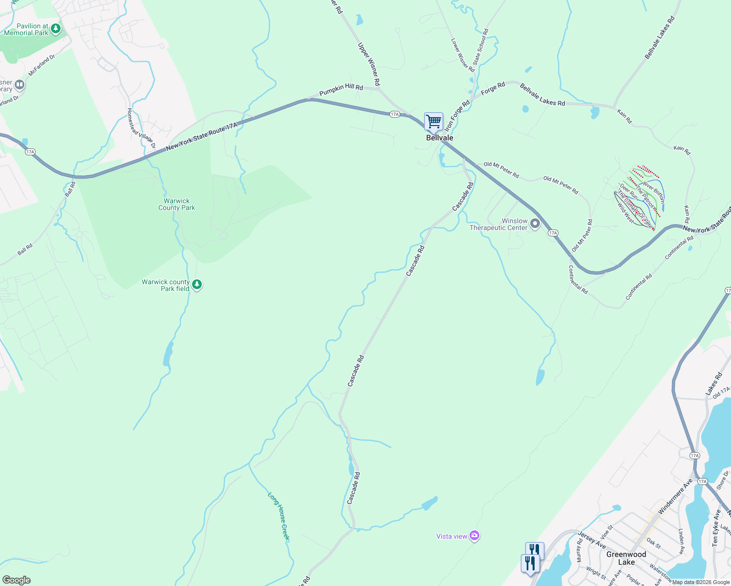 map of restaurants, bars, coffee shops, grocery stores, and more near 54 Cascade Road in Warwick