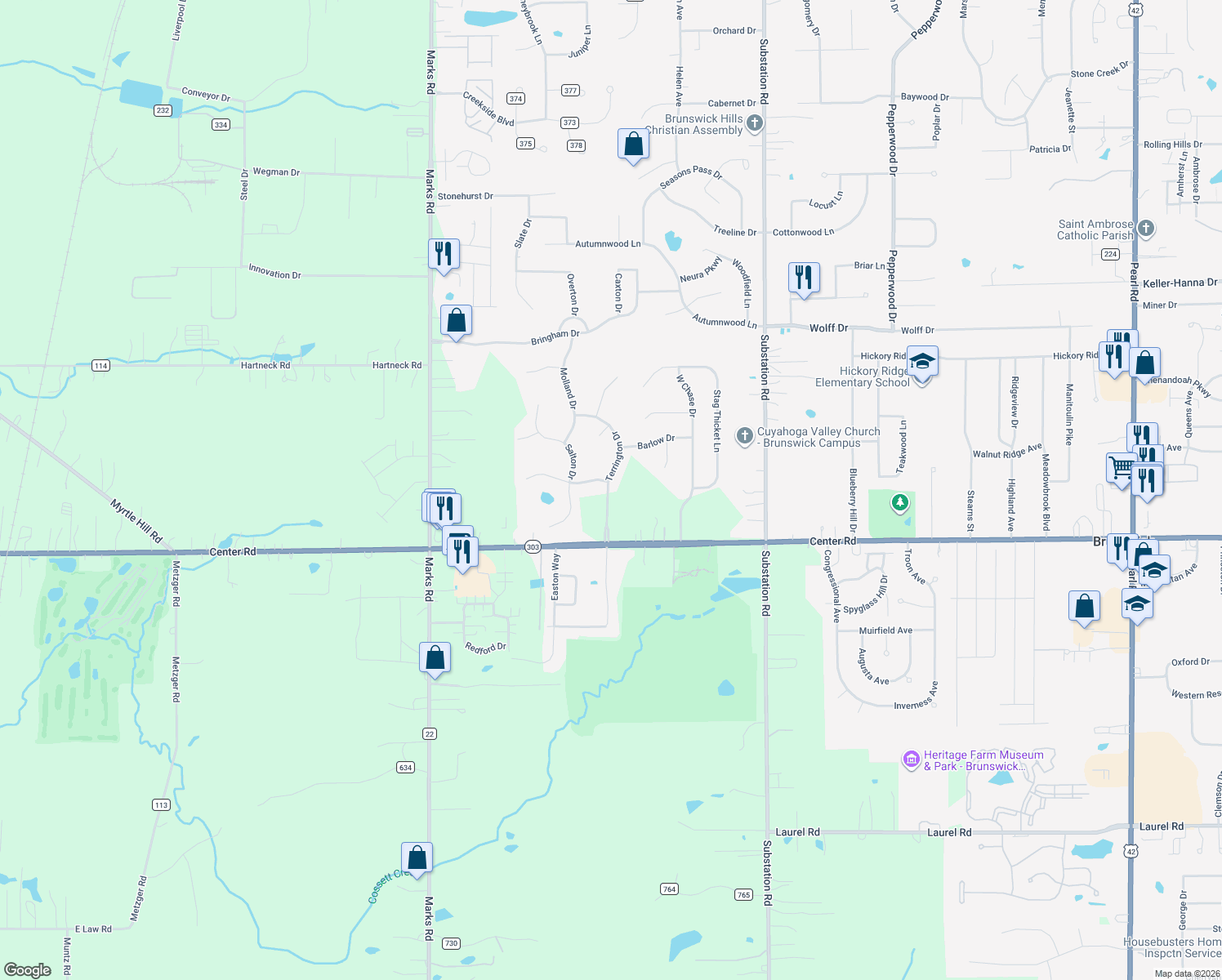 map of restaurants, bars, coffee shops, grocery stores, and more near 1277 Terrington Dr in Brunswick