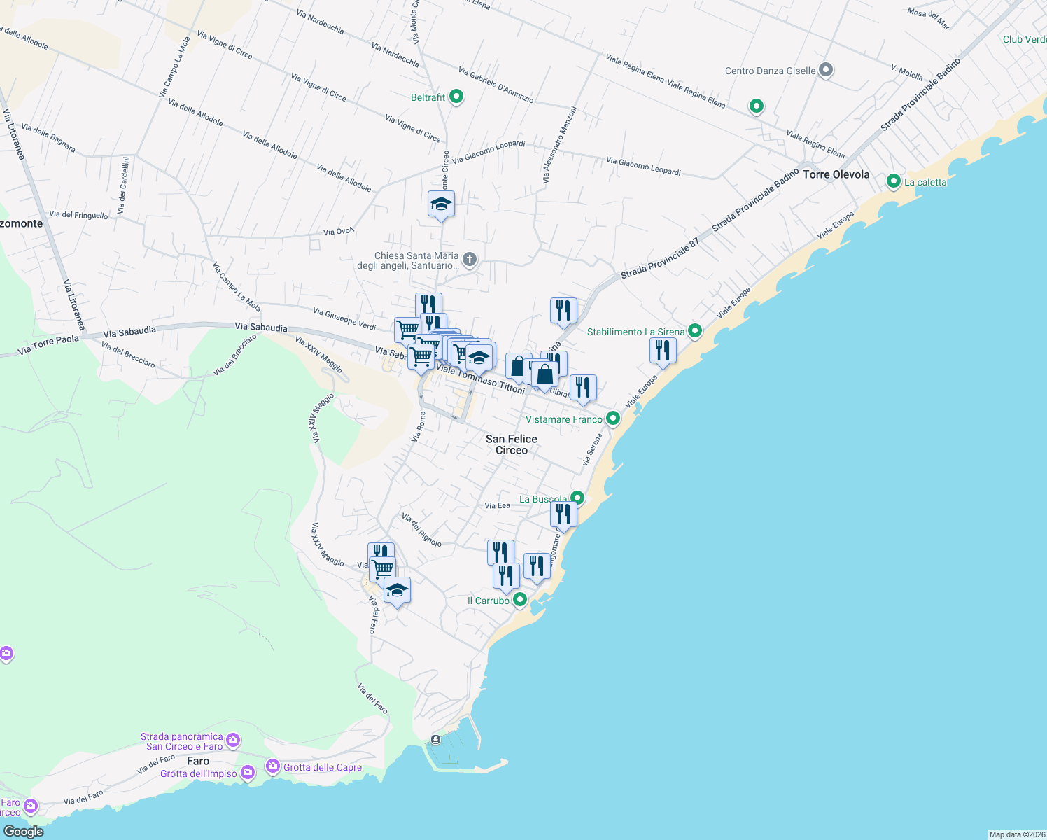 map of restaurants, bars, coffee shops, grocery stores, and more near 126 Viale Alcide de Gasperi in San Felice Circeo
