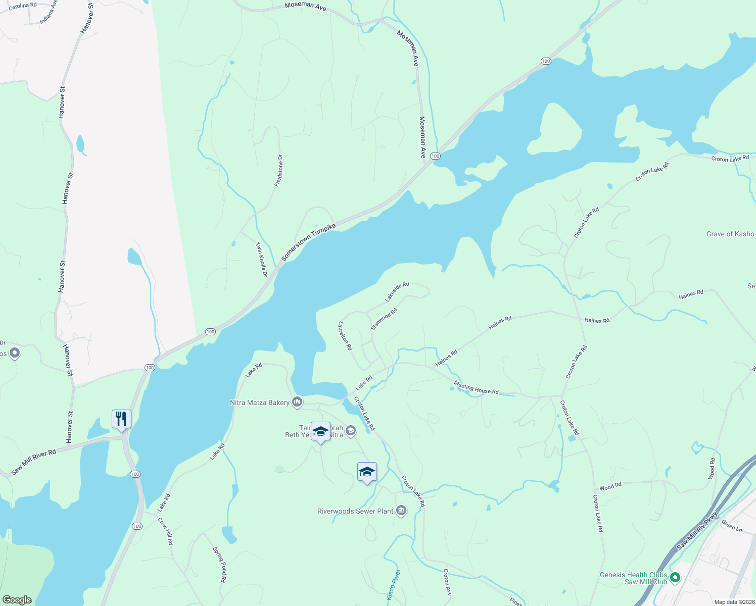 map of restaurants, bars, coffee shops, grocery stores, and more near 16 Lakeside Road in Mount Kisco