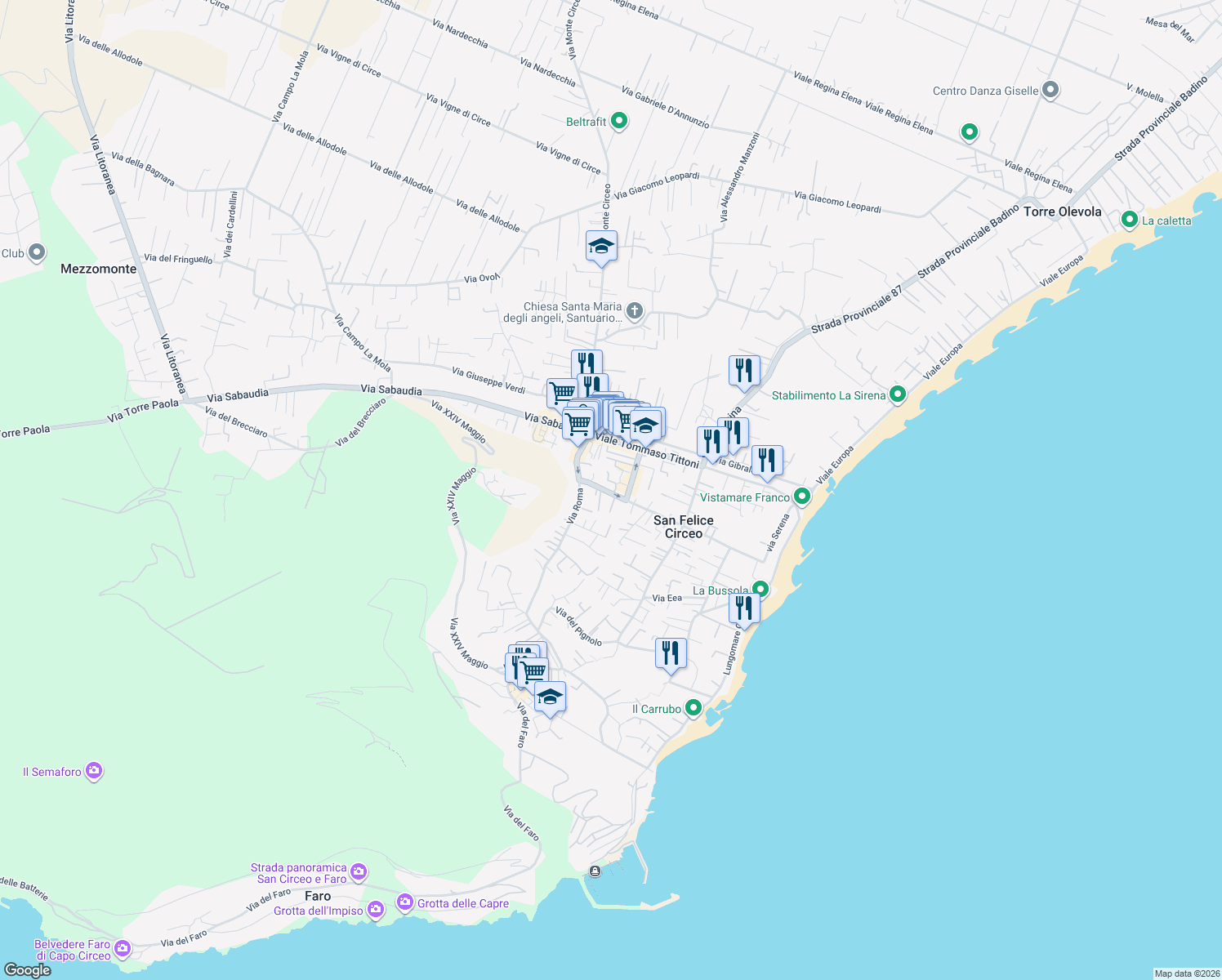 map of restaurants, bars, coffee shops, grocery stores, and more near 33 Via Poniatowskj in San Felice Circeo