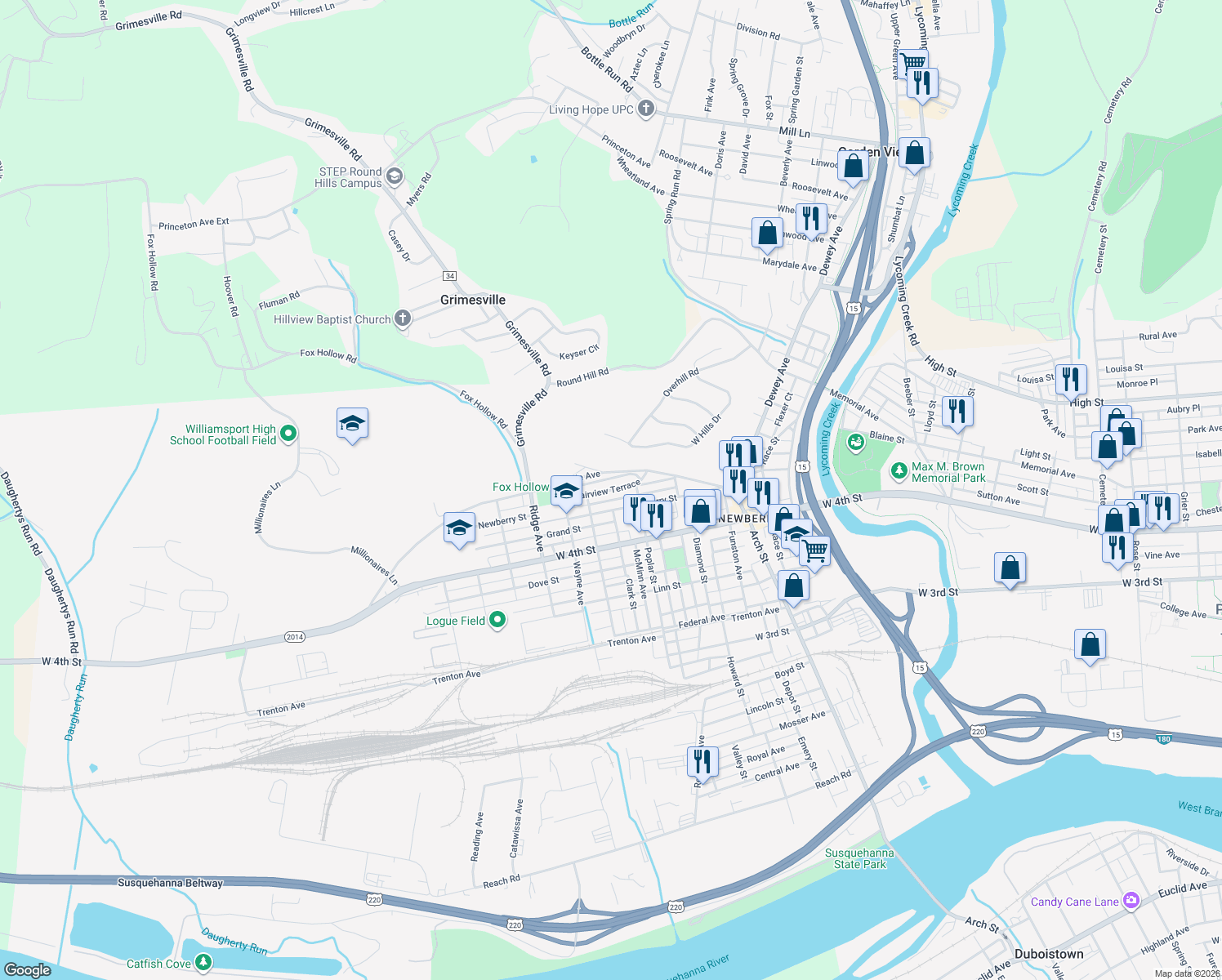 map of restaurants, bars, coffee shops, grocery stores, and more near Fairview Terrace in Williamsport