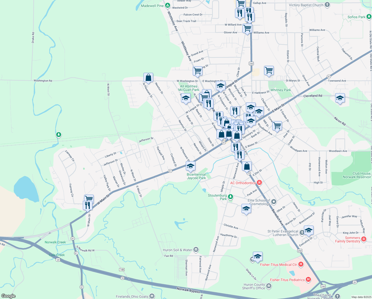 map of restaurants, bars, coffee shops, grocery stores, and more near 24 N Pleasant St in Norwalk