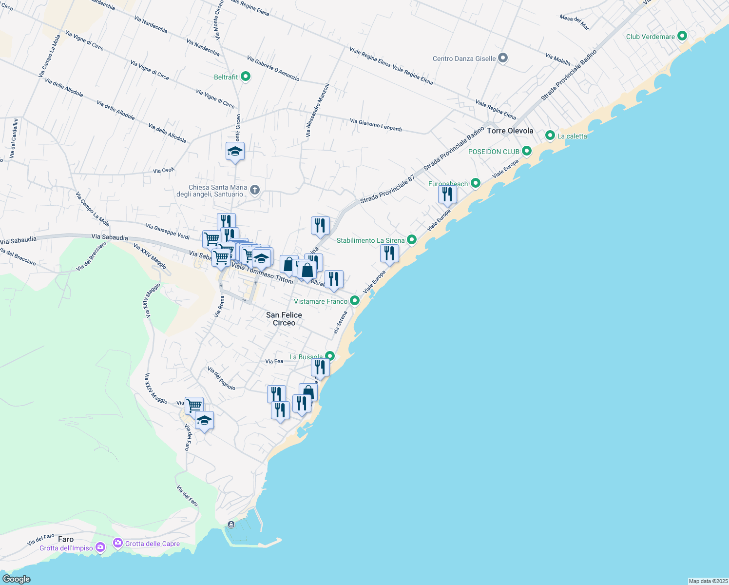 map of restaurants, bars, coffee shops, grocery stores, and more near 9 Viale Europa in San Felice Circeo