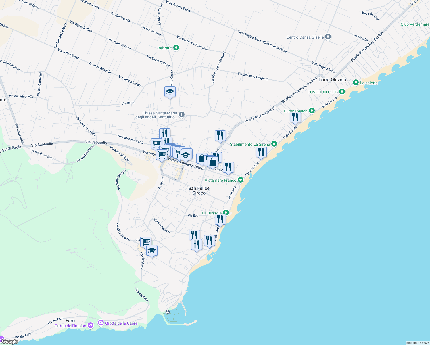 map of restaurants, bars, coffee shops, grocery stores, and more near 187A Viale Tommaso Tittoni in San Felice Circeo