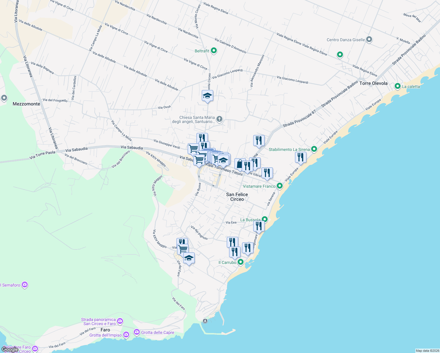 map of restaurants, bars, coffee shops, grocery stores, and more near 51B Via Poniatowskj in San Felice Circeo