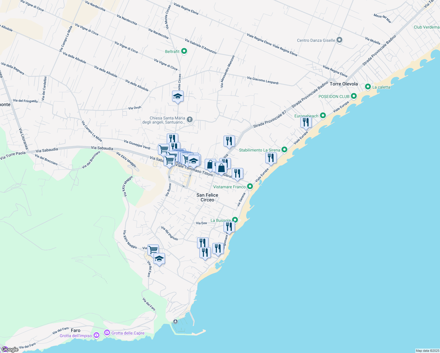 map of restaurants, bars, coffee shops, grocery stores, and more near 187/A Viale Tommaso Tittoni in San Felice Circeo