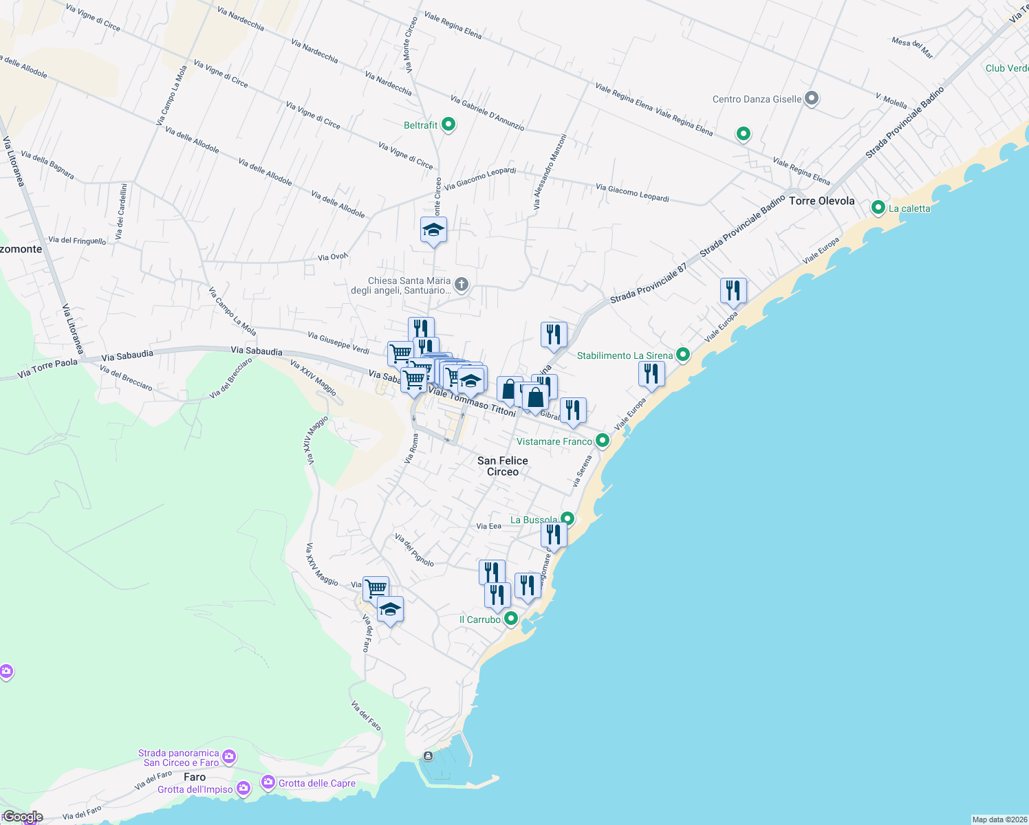 map of restaurants, bars, coffee shops, grocery stores, and more near S.P. Badino in San Felice Circeo