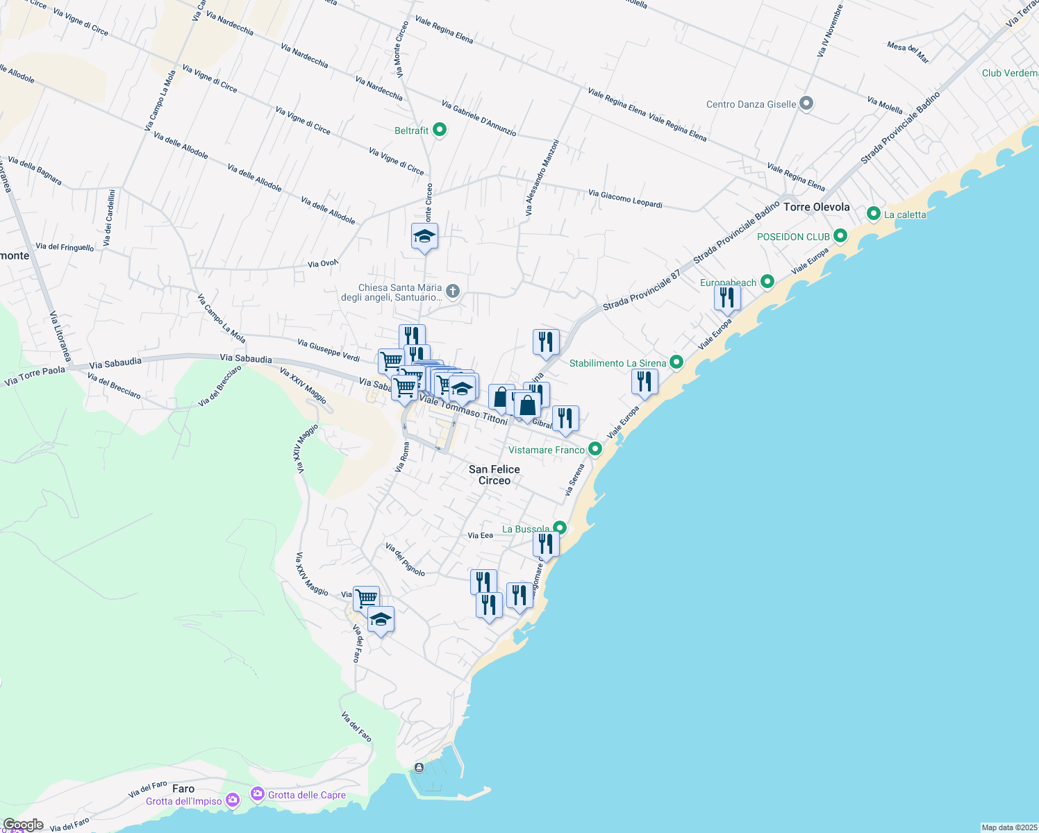 map of restaurants, bars, coffee shops, grocery stores, and more near 13 Via delle Sirene in San Felice Circeo